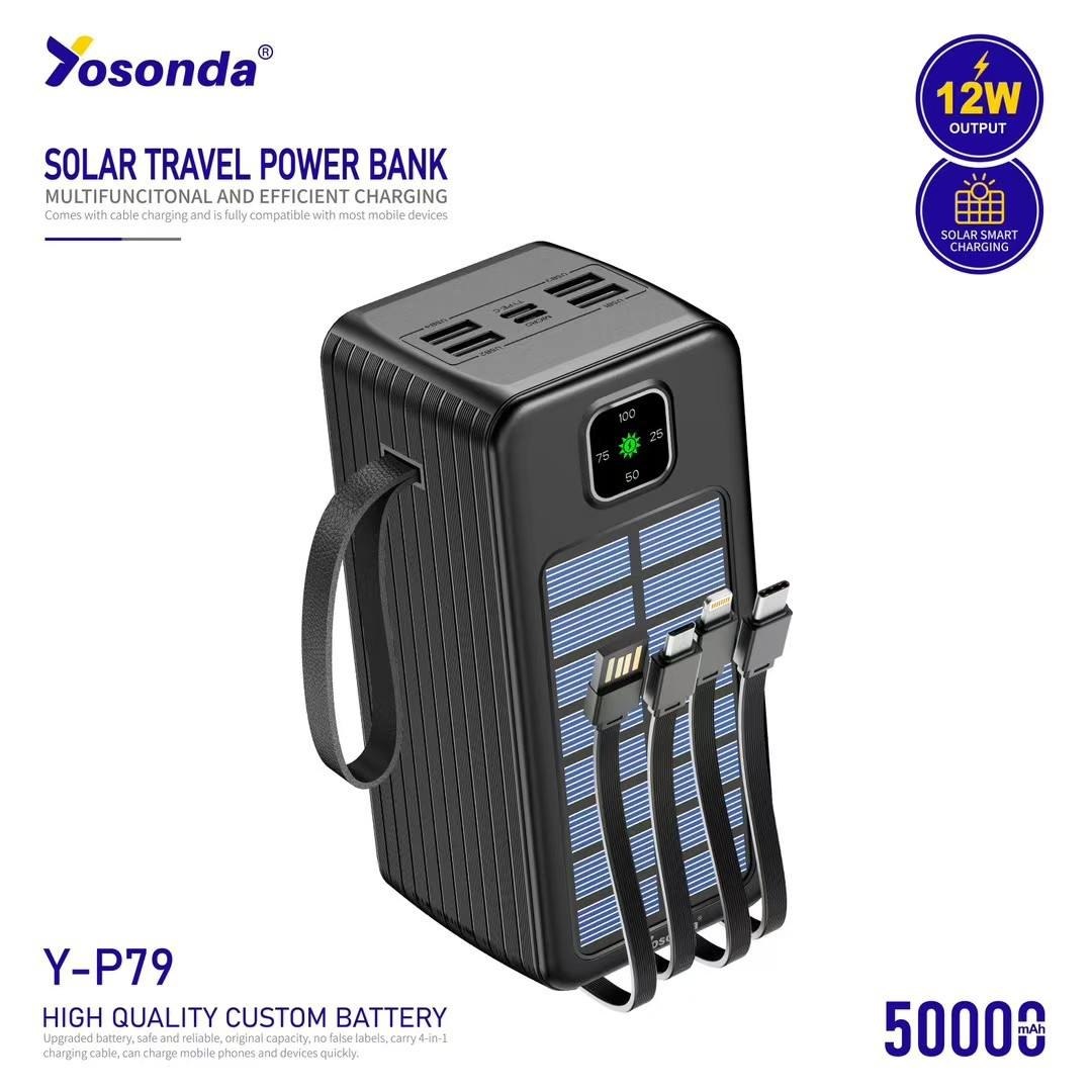 پاوربانک سولار یوسوندا (Yosonda) مدل Y-P79 ظرفیت 50000 میلی‌آمپر | پاوربانک خورشیدی با 4 کابل سرخود، PD و نمایشگر دیجیتال