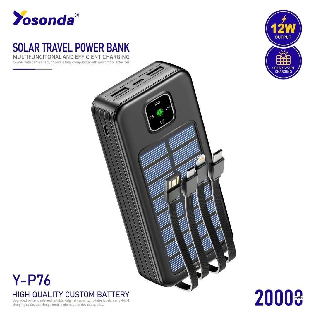 پاوربانک سولار یوسوندا (Yosonda) مدل Y-P76 ظرفیت 20000 میلی‌آمپر | پاوربانک خورشیدی اورجینال با 4 کابل سرخود، خروجی PD و نمایشگر دیجیتال
