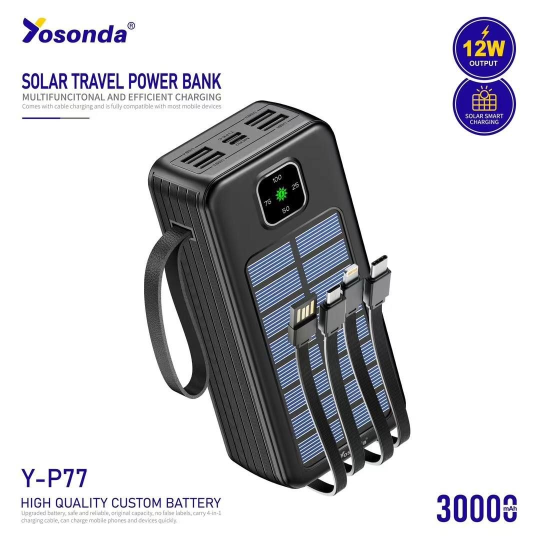 پاوربانک سولار یوسوندا (Yosonda) مدل Y-P77 ظرفیت 30000 میلی‌آمپر | پاوربانک خورشیدی اورجینال با 4 کابل سرخود، 4 پورت USB، خروجی PD و نمایشگر دیجیتال