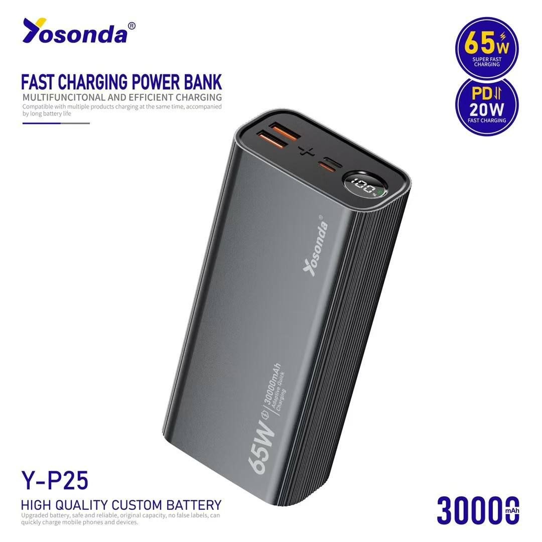 پاوربانک یوسوندا (Yosonda) مدل Y-P25 ظرفیت 30000 میلی‌آمپر | شارژ سریع 65 وات، PD 20W، بدنه فلزی و نمایشگر دیجیتال