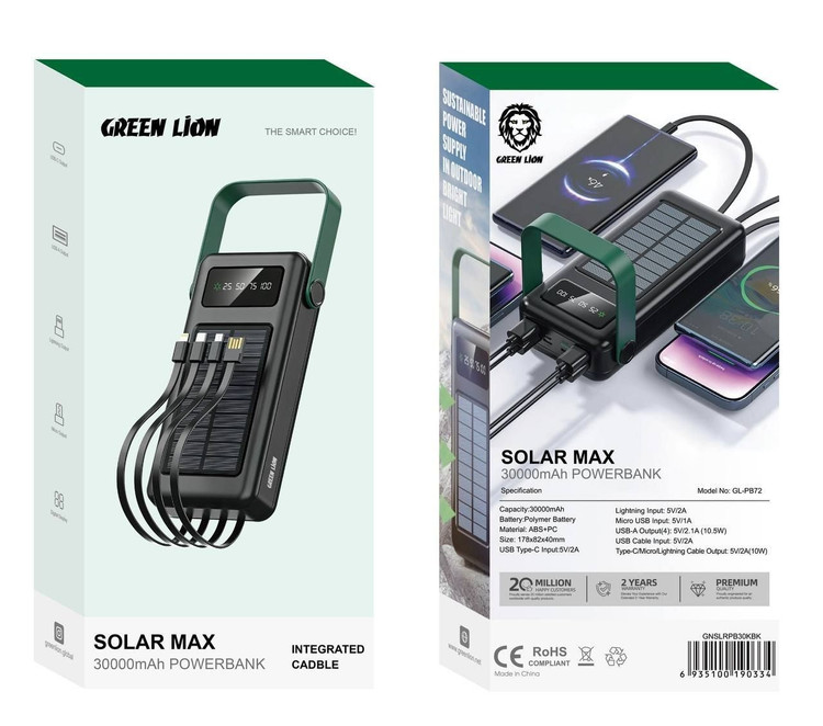 پاوربانک خورشیدی GREEN LION مدل GL-PB72 ظرفیت ۳۰۰۰۰mah