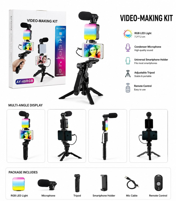 گیم بال مدل AY-49RGB |کیت تولید محتوا و فیلمبرداری چ دارای میکروفون و رینگ لایت حرفهای