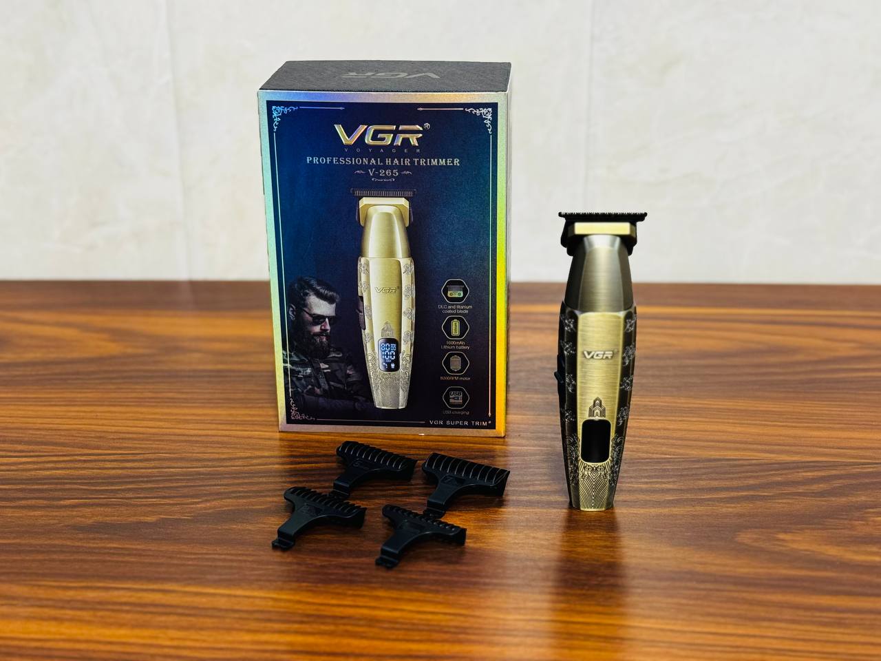 خط زن شارژی VGR مدل V-265 | ماشین اصلاح حرفه‌ای دیجیتالی با بدنه فلزی و موتور 8000 دور
