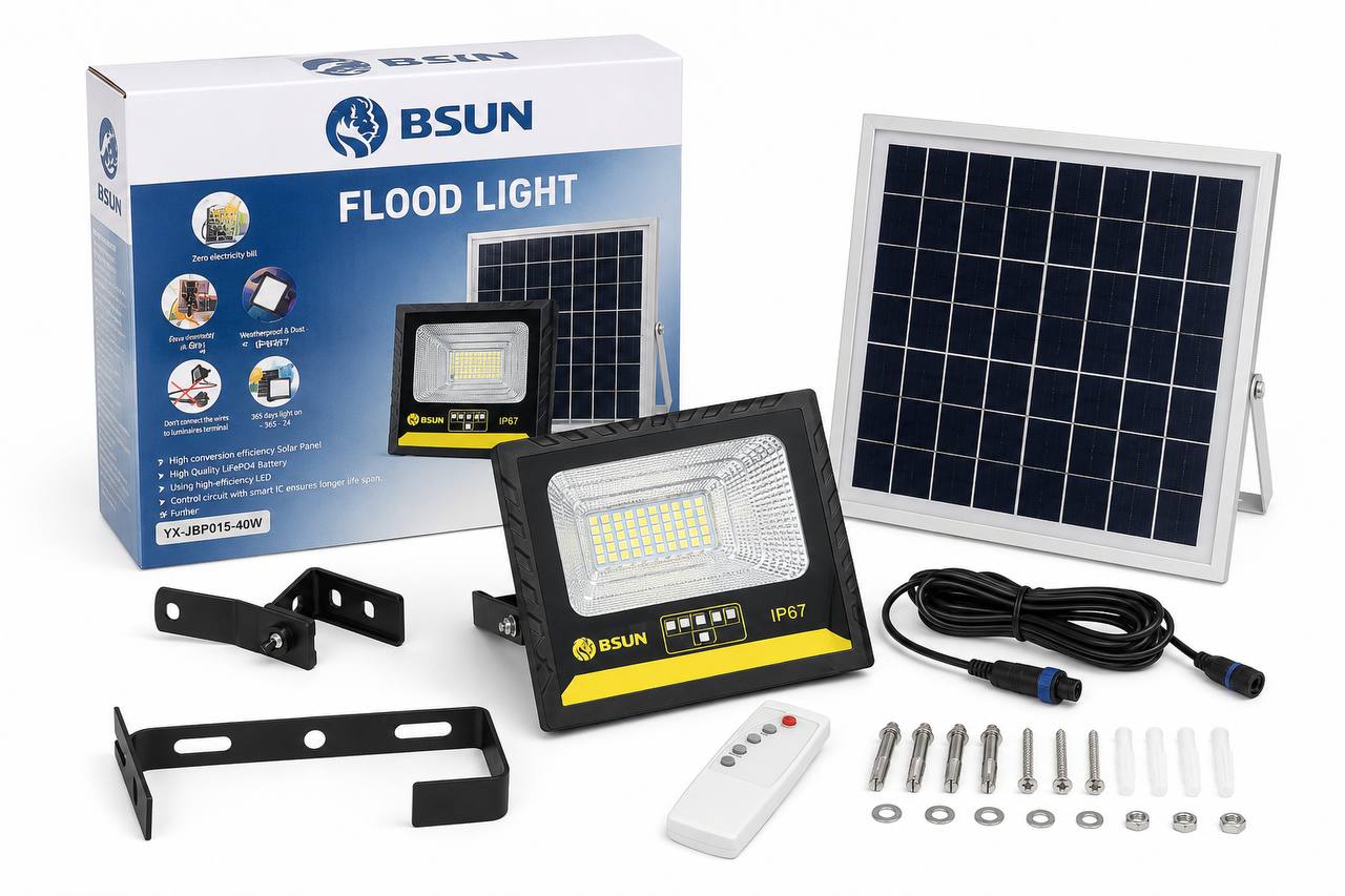 پروژکتور خورشیدی BSUN مدل 40W | چراغ LED فضای باز با پنل خورشیدی و تایمر