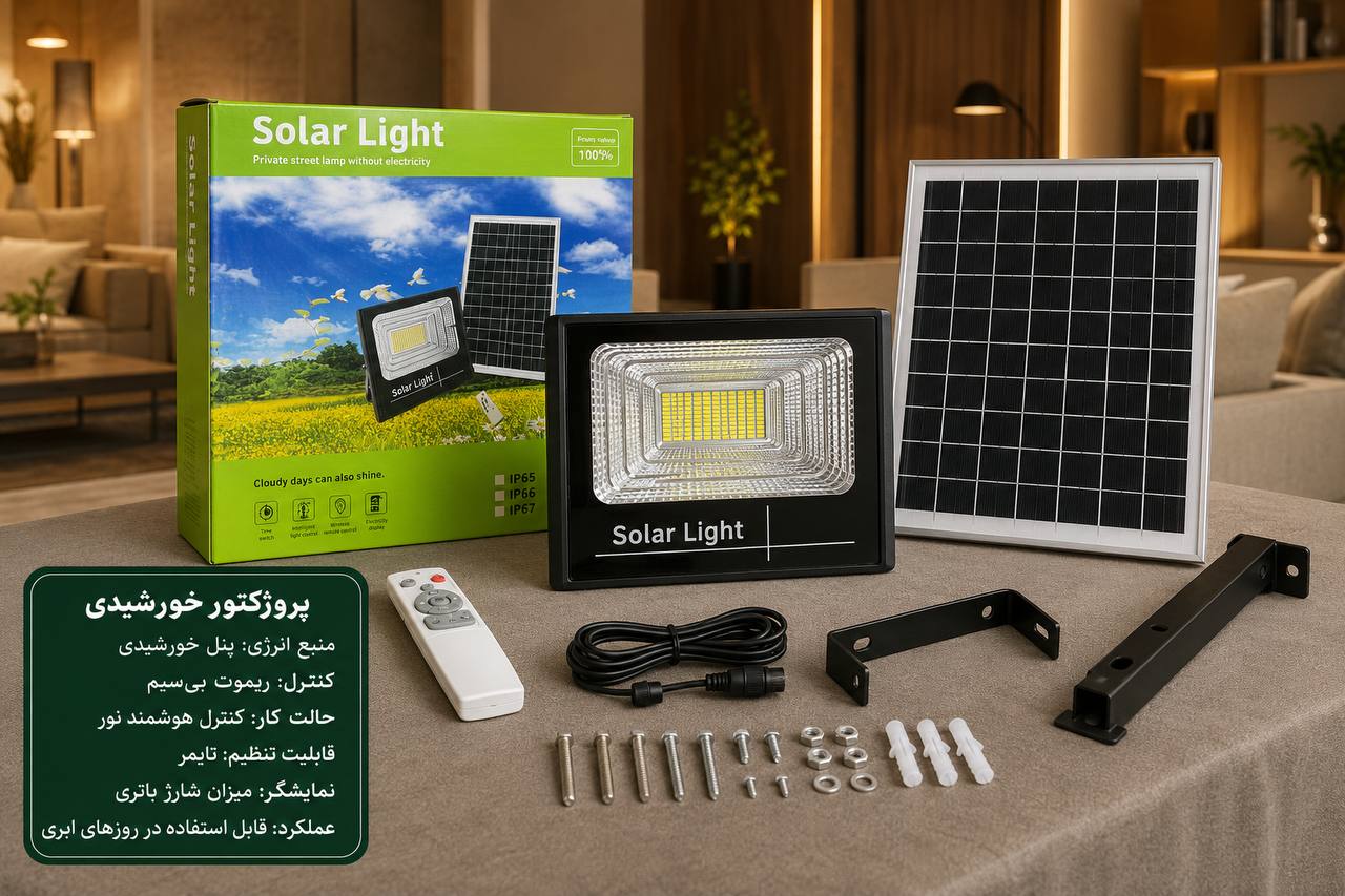 پروژکتور خورشیدی Solar | چراغ LED فضای باز با پنل خورشیدی و چند حالت نوردهی